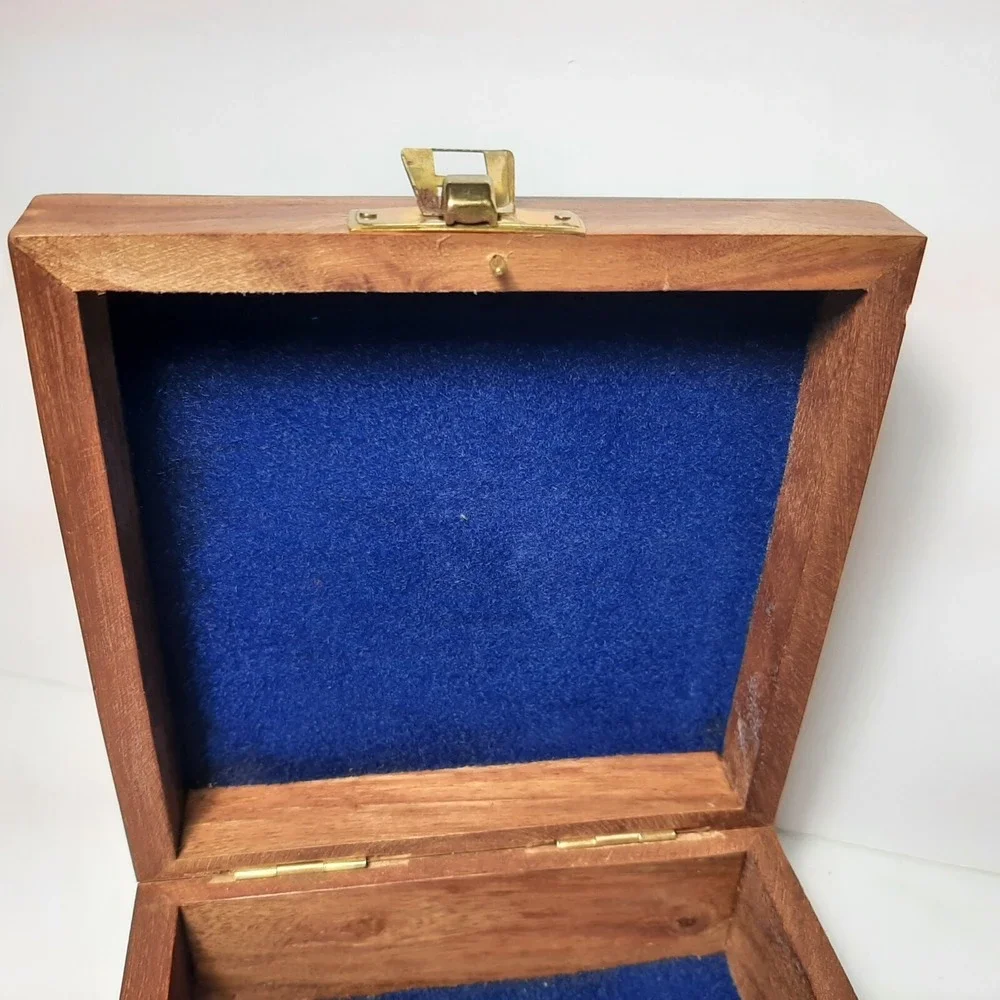 Nautical Wood Hinged Inlaid Brass Anchor Trinket Box Ocean Beach 4.75 x 4.75
